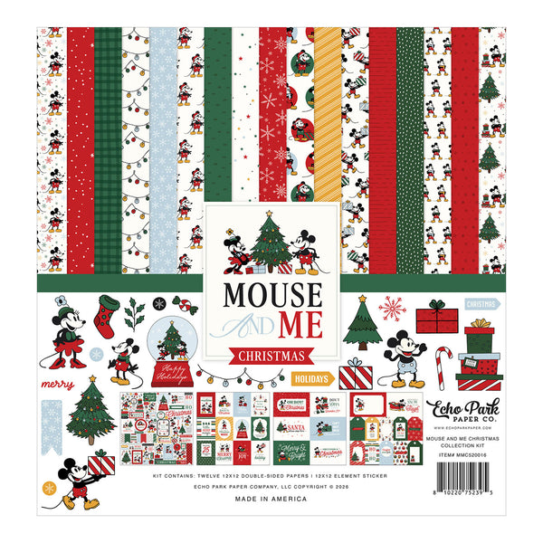 A square craft paper kit labeled 'Mouse and Me Christmas' showing multiple patterned paper sheets and decorative stickers. The designs feature Mickey and Minnie Mouse in holiday motifs such as Christmas trees, stockings, candy canes, gifts, stripes, and snowflakes in red, green, white, and light blue.
