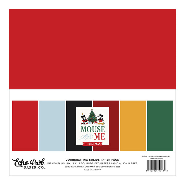 Echo Park Paper Co. Christmas-themed coordinating solids paper pack, featuring a large red sheet at the top and a row of color swatches along the bottom including red, light blue, black, mustard yellow, and green, with a central 'Mouse Me Christmas' label.