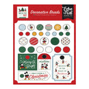 A sheet of Echo Park Paper Co. decorative brads featuring Mickey Mouse and Christmas designs, with red header cards and multiple sample tags and circular pieces shown on a white background.
