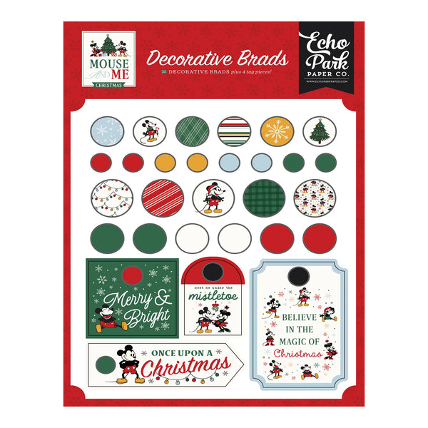 A sheet of Echo Park Paper Co. decorative brads featuring Mickey Mouse and Christmas designs, with red header cards and multiple sample tags and circular pieces shown on a white background.