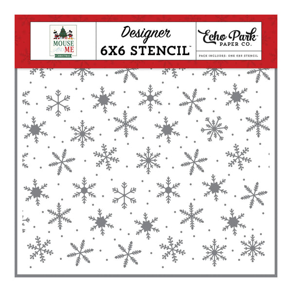 Echo Park Paper Co. Designer 6x6 Stencil sheet featuring a repeating gray snowflake and snow dot pattern on a white background, with a red header strip showing the brand and product type.
