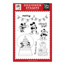 Echo Park Paper Pieces Designer Stamps Photopolymer Stand by Mouse Me, featuring a festive Mickey and Minnie Mouse holiday stamp set on a red and white card.