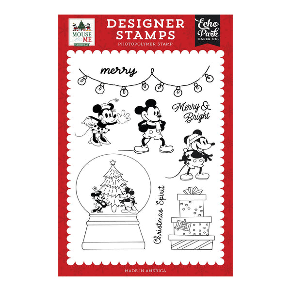 Echo Park Paper Pieces Designer Stamps Photopolymer Stand by Mouse Me, featuring a festive Mickey and Minnie Mouse holiday stamp set on a red and white card.