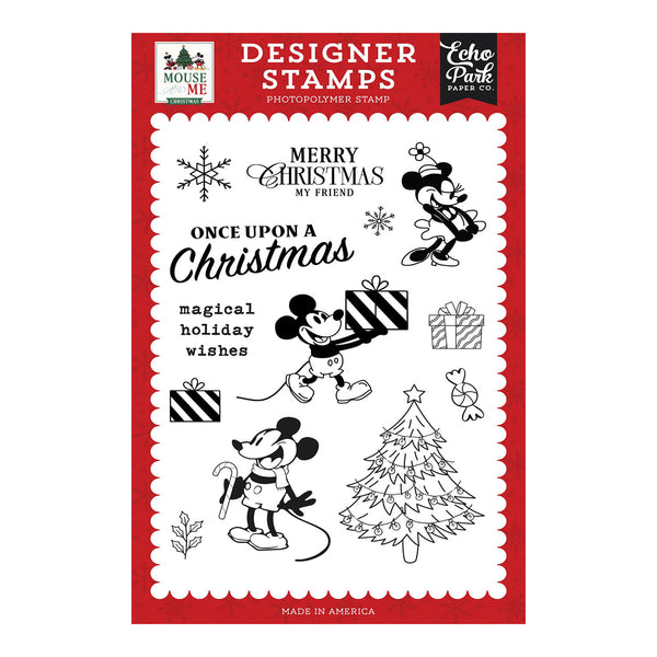 Echo Park Paper Co. Mouse Me Designer Stamps Photopolymer Stand, featuring a red and white stand with black-and-white Mickey Mouse and Christmas-themed stamp designs printed on the front.