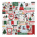 A sheet of Christmas-themed scrapbooking paper featuring numerous festive stickers and labels. The design includes classic Mickey and Minnie Mouse illustrations alongside holiday phrases like 'Merry Christmas', 'Santa', 'Ho Ho Ho', and 'Believe in the Magic of Christmas'.