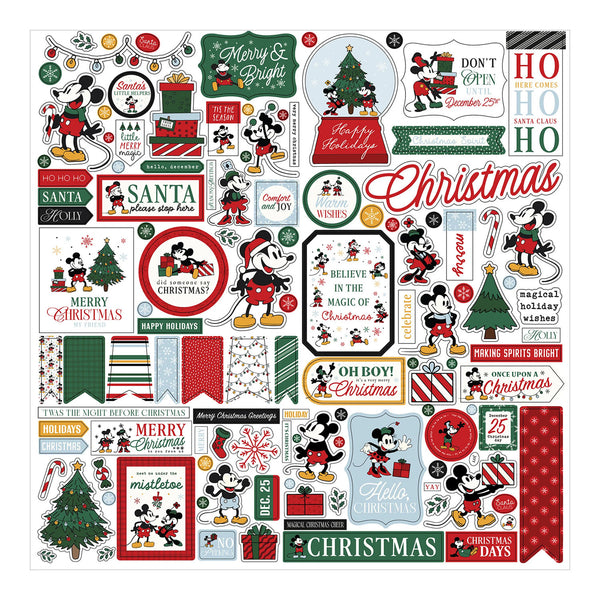 A sheet of Christmas-themed scrapbooking paper featuring numerous festive stickers and labels. The design includes classic Mickey and Minnie Mouse illustrations alongside holiday phrases like 'Merry Christmas', 'Santa', 'Ho Ho Ho', and 'Believe in the Magic of Christmas'.
