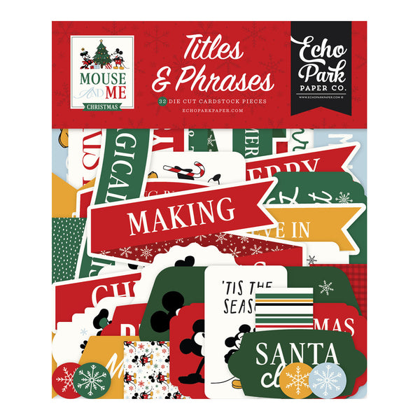 Echo Park Paper Co. 'Titles & Phrases' Christmas die-cut cardstock piece set, featuring a red header card with the brand logo and a collage of festive cardstock pieces in red, green, white, yellow, and black.