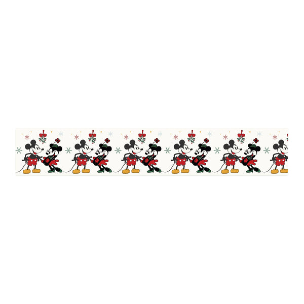 A long, narrow strip featuring a repeating pattern of Mickey Mouse and Minnie Mouse in black, red, and yellow, with small red and green decorative accents on a white background.