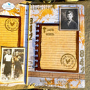 Vintage-style scrapbook page with black and white photos, stamps, and text.
