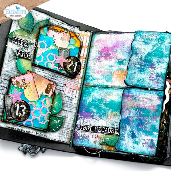 Artistic mixed media collage with text and textures on a white background