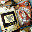 Vintage-style card with butterfly, dragonfly, and bird stamps on a textured background.