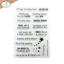 A sheet of clear stamp designs with black printed holiday phrases and star graphics, shown on a white background with a small Elizabeth craft designs logo in the top-left corner.