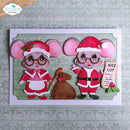 A handmade Christmas mouse card featuring two cartoon mice dressed as Santa and Mrs. Santa, with a brown jute bag and a 'NICE LIST' paper sign, set against a patterned green background with a white border.