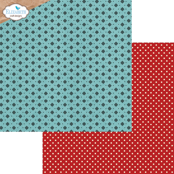 Three patterned paper sheets arranged in an L-shape on a white background: a teal sheet with small black diamond motifs, a red sheet with white polka dots, and a brown sheet with small black motifs. A logo in the top-left corner reads Elizabeth Cut Designs.