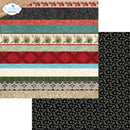 A sheet of patterned scrapbook paper with multiple horizontal stripes and floral motifs, shown alongside a black paper swatch with small white floral print. The brand logo 'Elizabeth craft designs' is visible in the top left corner.