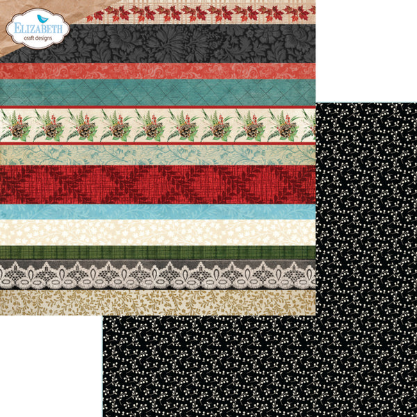 A sheet of patterned scrapbook paper with multiple horizontal stripes and floral motifs, shown alongside a black paper swatch with small white floral print. The brand logo 'Elizabeth craft designs' is visible in the top left corner.