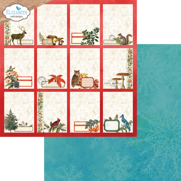 A sheet of scrapbook paper or a digital paper design featuring a 4x4 grid of winter-themed card templates with red borders, cream backgrounds, and illustrations of deer, foliage, flowers, a bird, and mushrooms. A teal patterned paper swatch is shown on the right, and the Elizabeth Craft Designs logo appears in the top-left corner.
