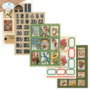 A collage of craft paper sheets and embellishments from Elizabeth Craft Designs, featuring vintage Christmas illustrations, numbered sequins, floral frames, and holiday-themed labels.