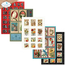 A collage of multiple scrapbook paper sheets and coordinating embellishments from Elizabeth Craft Designs, featuring vintage-style illustrations including an owl, a mushroom, a squirrel, flowers, leaves, and small garden-themed panels on red, green, white, black, and teal backgrounds.