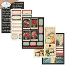 A collage of multiple autumn and holiday-themed paper label and sticker sheets from Elizabeth Craft Design, featuring red poinsettias, vintage postcard designs, autumn leaves, and seasonal text boxes.