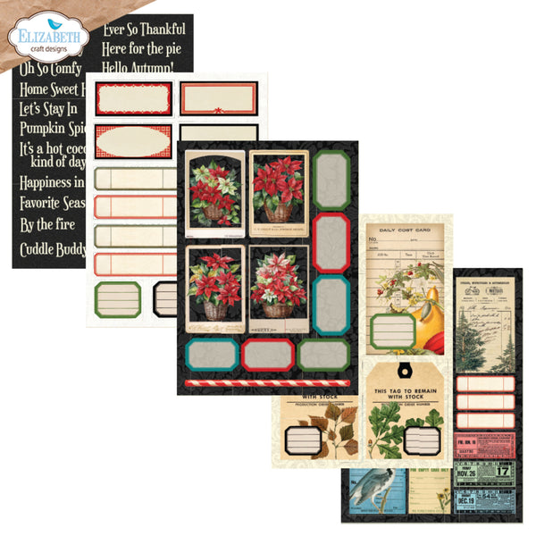 A collage of multiple autumn and holiday-themed paper label and sticker sheets from Elizabeth Craft Design, featuring red poinsettias, vintage postcard designs, autumn leaves, and seasonal text boxes.