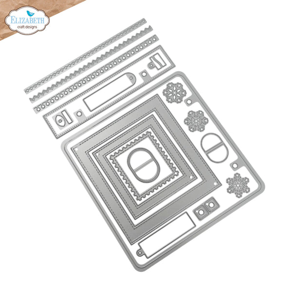 A set of silver metal die-cutting and embossing sheets arranged on a white background, with a small Elizabeth craft designs logo in the top-left corner.