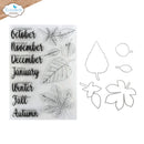 Clear stamp set featuring autumn-themed leaf designs, handwritten text words like October through autumn, and matching leaf cutout templates on a white background. The brand logo 'Elizabeth craft designs' is visible in the top left corner.