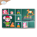 A square craft felt board featuring a Christmas-themed collage of felt pieces, including a mouse elf, gifts, a rocking horse, a toy train, and colorful toy shapes, all on a dark green textured background. The board is displayed on a clean white background with a brand logo in the top-left corner.