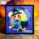 A square handmade card featuring a cartoon mouse dressed as a witch holding a broom and standing beside a glowing cauldron. The card has a black border and the words 'HOCUS POCUS!' at the bottom.