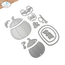 A set of metal craft dies for making acorn-shaped charms, shown on a white background with a 'Elizabeth craft designs' logo in the top-left corner.