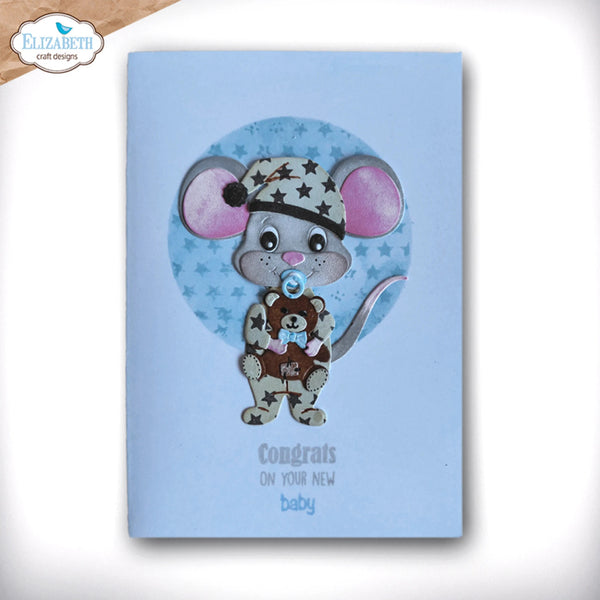 A baby congratulations card featuring a cute cartoon mouse in military uniform holding a teddy bear, set against a light blue background with the text 'Congrats on your new baby'.