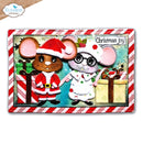 A handmade Christmas mouse-themed greeting card by Elizabeth Craft Designs, featuring two cartoon mice dressed in holiday clothing holding wrapped presents, with a red and white striped border and the text 'Christmas joy'.