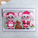 A handmade Christmas card featuring two cartoon mice dressed as Santa Claus and Mrs. Santa, with a burlap sack and a 'NICE LIST' card.