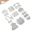 A set of silver metal die-cut crafting templates for making paper crafts, featuring shapes like a baby outfit, hat, shoes, glasses, and a bag, displayed on a white background with an Elizabeth craft designs logo in the top-left corner.