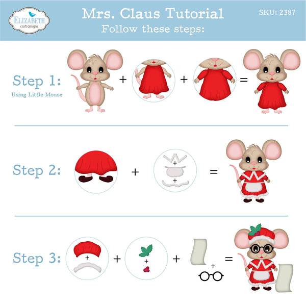 A step-by-step crafting tutorial graphic titled 'Mrs. Claus Tutorial' showing how to assemble a mouse dressed in a red Santa outfit.