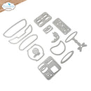 A set of silver metal craft dies arranged on a white background, with an Elizabeth Craft Designs logo in the top-left corner.