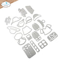 A set of silver metal cutting dies for crafting, displayed on a clean white background with a brand logo in the top-left corner. The dies are shaped like various garments and accessories, including a dress, cardigan, hat, boots, and a scarf.