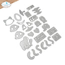 A set of silver metal die-cut craft shapes arranged on a white background, including animal silhouettes, facial features, and patterned rectangular pieces. The Elizabeth Craft Designs logo is visible in the top-left corner.