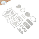 A set of silver metal cutting dies for scrapbooking and card making, featuring shapes like balloons, hearts, wavy lines, and patterned boxes, displayed on a white background with the Elizabeth Craft Designs logo in the top left corner.