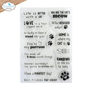 A sheet of clear acrylic or stamp-like decals with black cat-themed phrases and paw prints, shown on a white background. The designs include sayings such as 'Life is better with a cat' and 'You are the cat's meow,' along with paw prints and a fish icon.