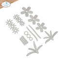 A set of silver metal craft dies for crafting jewelry, featuring five-petal flowers, starburst shapes, bamboo leaves, and a rhinestone-encrusted square die, displayed on a white background with the Elizabeth Craft Designs logo in the top-left corner.