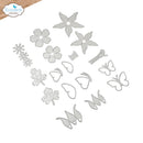 A set of silver metal die-cut crafting templates featuring various floral, leaf, and butterfly shapes, displayed on a clean white background with the Elizabeth Craft Designs logo in the top-left corner.