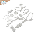 A set of silver metal craft dies for bird and nature crafting, including two bird shapes, leaves, acorns, and a branch, displayed on a white background with the Elizabeth Craft Designs logo in the top-left corner.