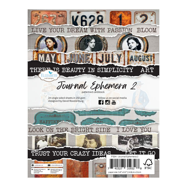 Journal Ephemera 2 scrapbook paper pack by Elizabeth and David, featuring a collage of vintage torn paper strips with text, portraits, and decorative elements on a white background.