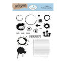 A sheet of clear stamp designs featuring black ink splatters, brush strokes, arrows, lined text boxes, and the word 'PERFECT' on a white background, with a blue header card showing the brand 'Elizabet Craft Designs' and product code CS458 Perfectly Imperfect.