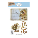 Elizabeth craft designs scrapbooking paper and die set featuring a vintage steampunk theme with gears, cogs, and an open book page. The image includes the product header card, the main scrapbook paper sheet, and the metal cutting dies.