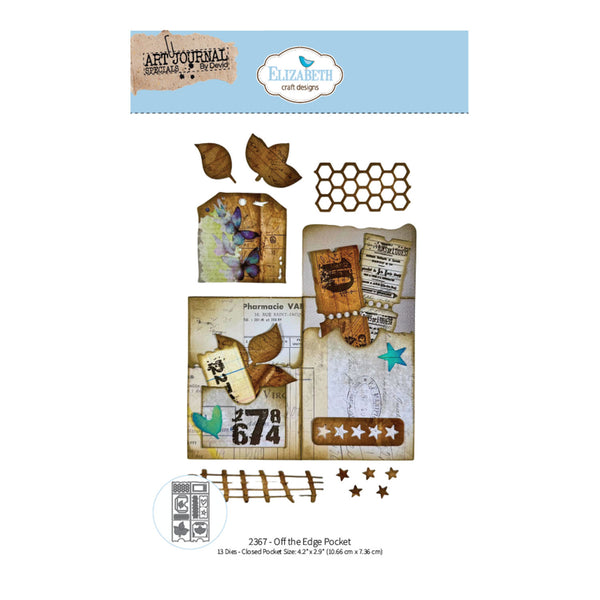 Elizabeth Craft Designs scrapbooking paper sheet titled 'Off the Edge Pocket' (2367), featuring vintage-style collage layouts with brown leaves, musical notes, stars, and a small map in a rectangular pocket design.