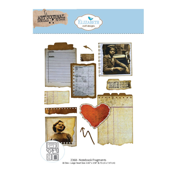 A sheet of scrapbook paper embellishments by Elizabeth Craft Design, featuring vintage-style notebook fragments, labels, and a red heart-shaped piece on a white background with a blue header.