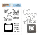 A stamp and die set package shown on the left with black butterfly, dragonfly, bird, and frame illustrations, alongside the corresponding metal die cutouts on the right. The package header reads 'Art Journal' and 'Where Wings Wander Stamp and Die Set.