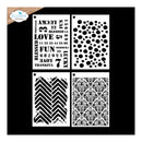 Four black-and-white stencil designs shown on a black background, with a circular Elizabeth Craft Designs logo in the top-left corner. The stencils include typography with words like 'LUCKY,' 'BLESSED,' 'LOVE,' 'FUN,' and 'THANKFUL,' a polka dot pattern, a chevron pattern, and an ornate damask pattern.